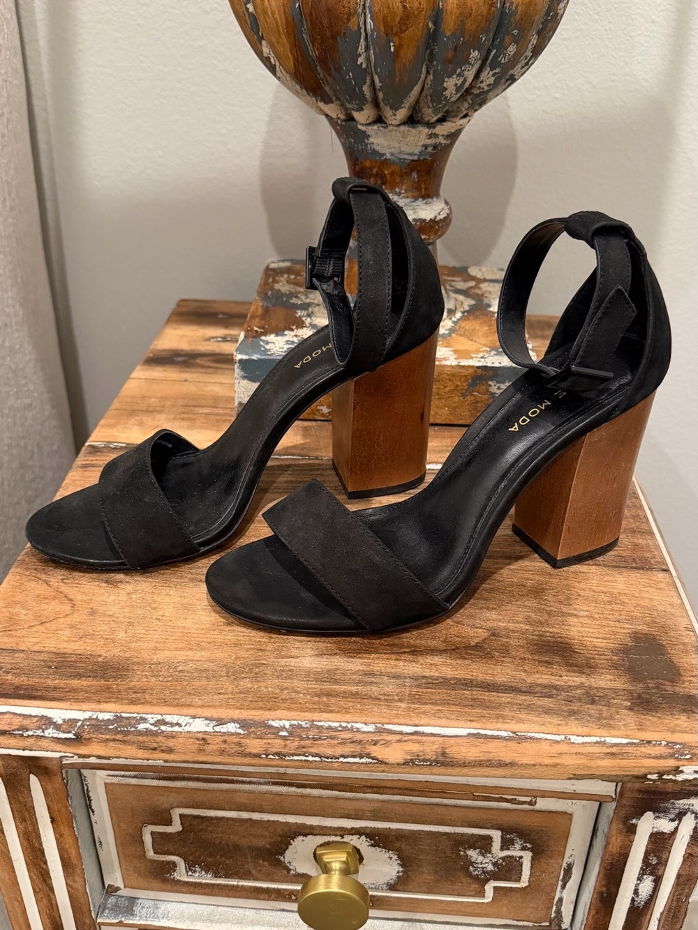 Pelle Moda Black Suede Ankle-Strap Block Heels with Wood-Tone Heel